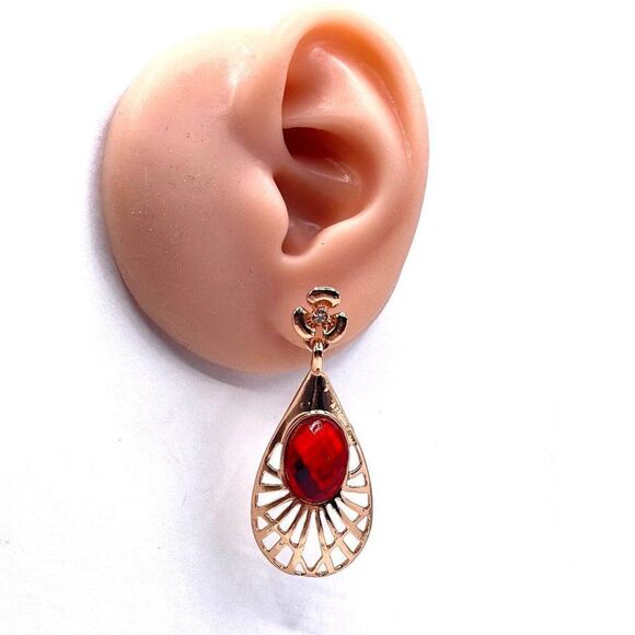 Yellow Gold with Ruby and White Crystal Teardrop Flower Post Back Earrings - Picture 6 of 6